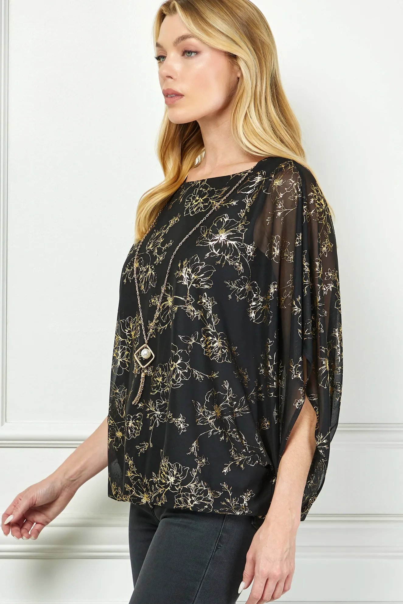 Elbow Sleeve Poncho Necklace Bubble Blouse - Black