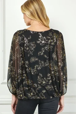 Elbow Sleeve Poncho Necklace Bubble Blouse - Black