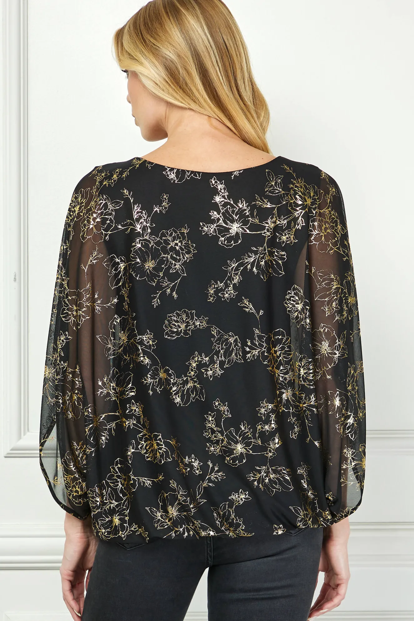 Elbow Sleeve Poncho Necklace Bubble Blouse - Black