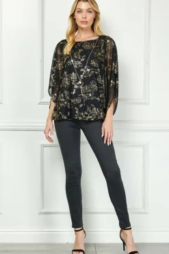 Elbow Sleeve Poncho Necklace Bubble Blouse - Black