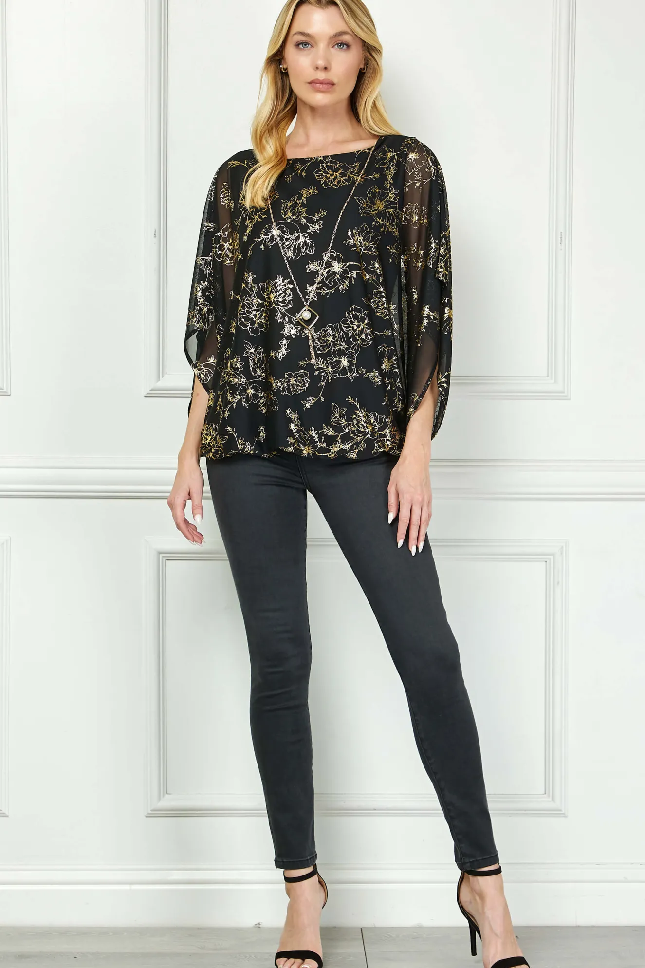 Elbow Sleeve Poncho Necklace Bubble Blouse - Black