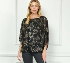 Elbow Sleeve Poncho Necklace Bubble Blouse - Black