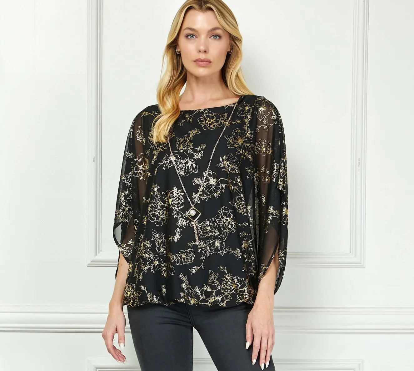 Elbow Sleeve Poncho Necklace Bubble Blouse - Black