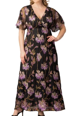 Embroidered Elegance Evening Gown Purple Peonies - Plus