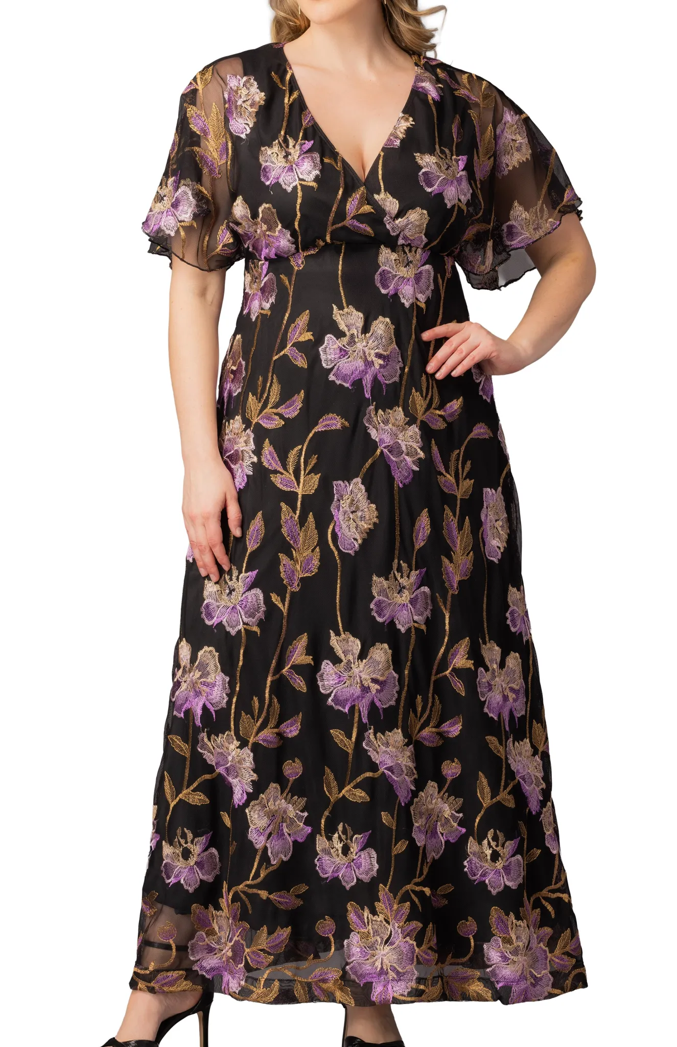 Embroidered Elegance Evening Gown Purple Peonies - Plus