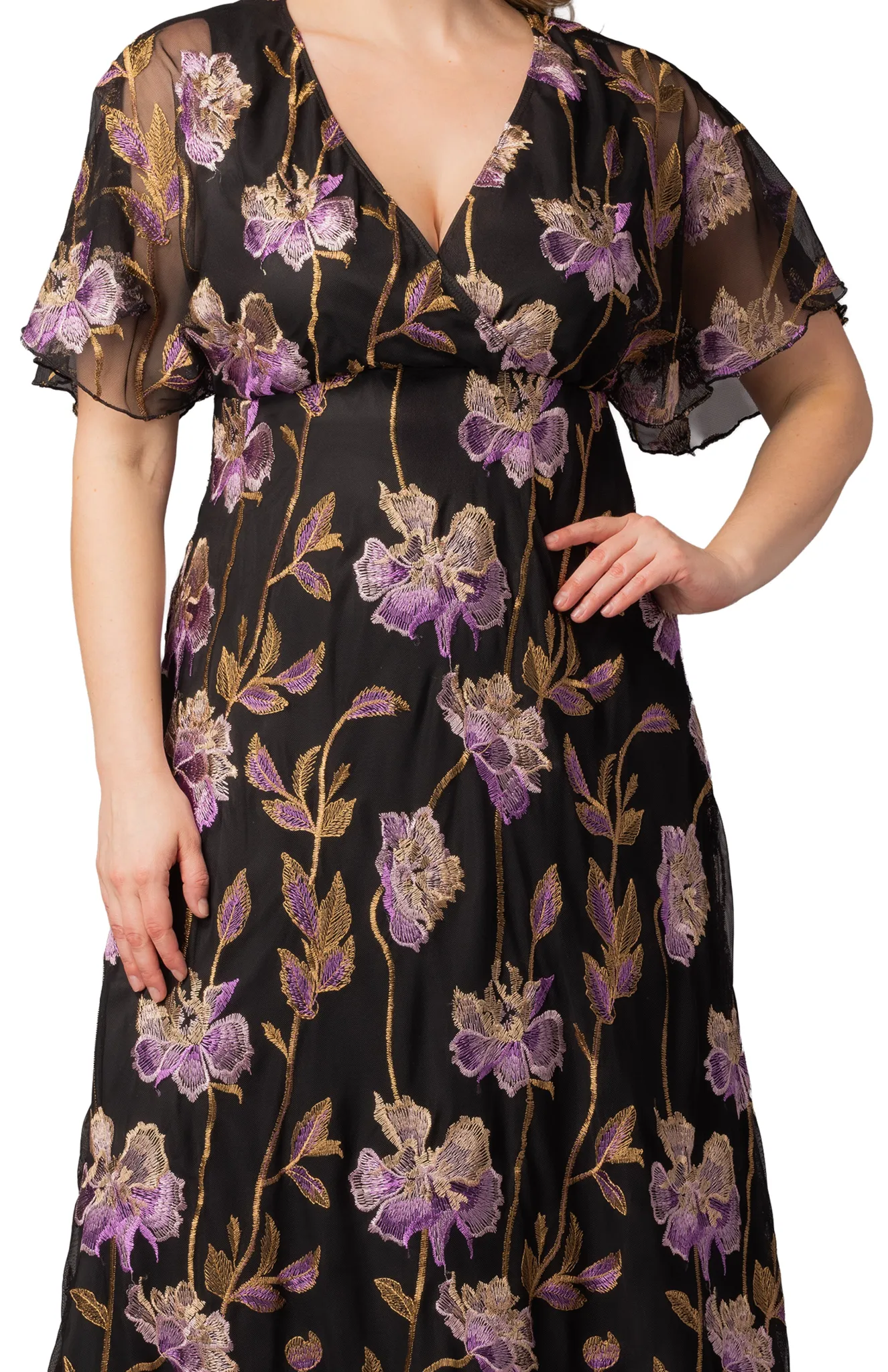 Embroidered Elegance Evening Gown Purple Peonies - Plus