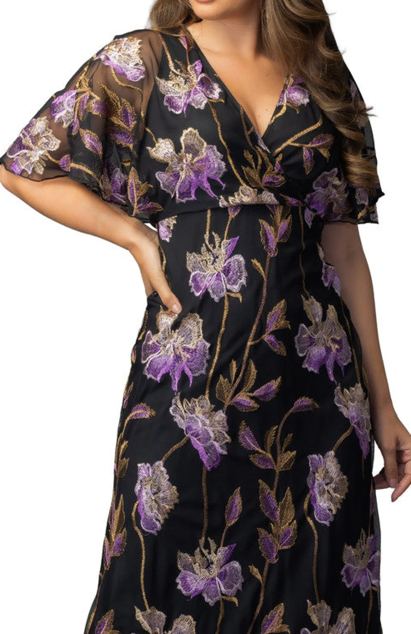 Embroidered Elegance Evening Gown Purple Peonies