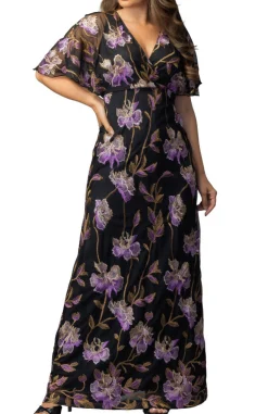 Embroidered Elegance Evening Gown Purple Peonies