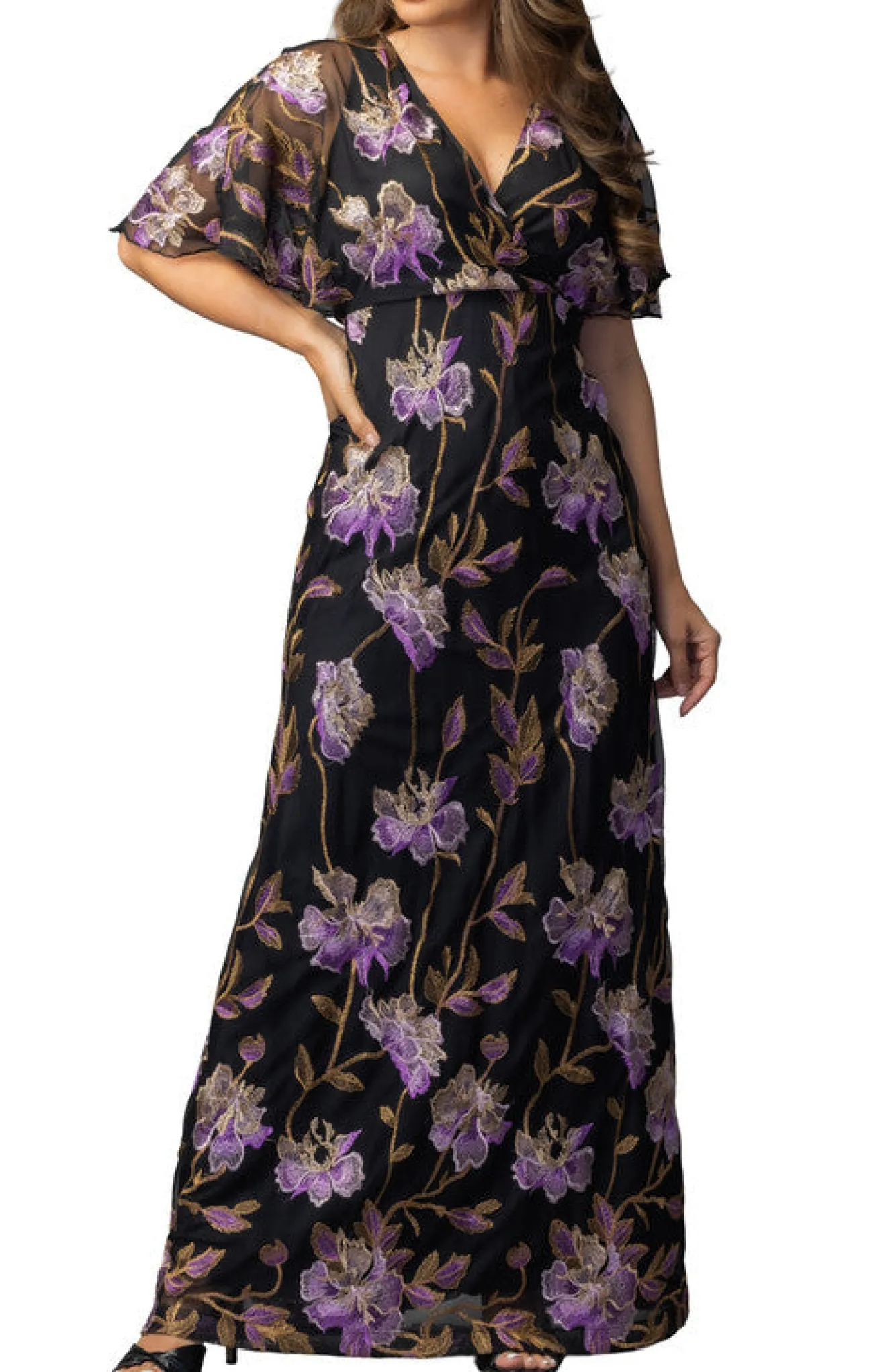 Embroidered Elegance Evening Gown Purple Peonies