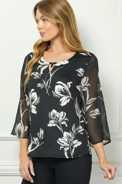 3/4 Flare Sleeve Cutout Trim Front Neck Swing Blouse in Black