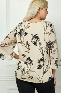 3/4 Flare Sleeve Cutout Trim Front Neck Swing Blouse in Beige - Plus