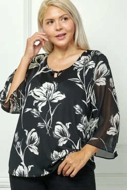 3/4 Flare Sleeve Cutout Trim Front Neck Swing Blouse in Black - Plus