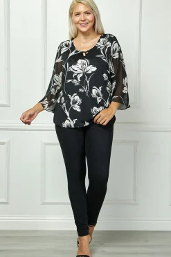 3/4 Flare Sleeve Cutout Trim Front Neck Swing Blouse in Black - Plus