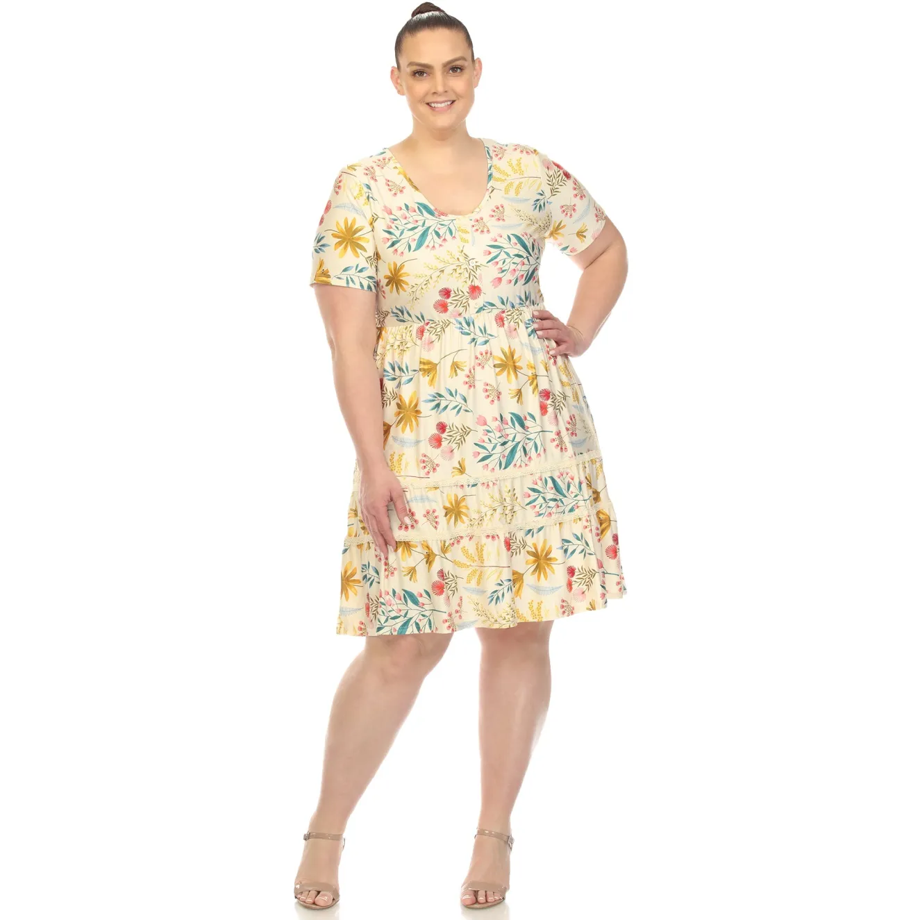 Floral Short Sleeve Knee Length Dress - Plus