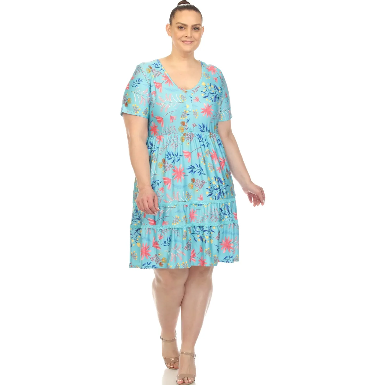 Floral Short Sleeve Knee Length Dress - Plus