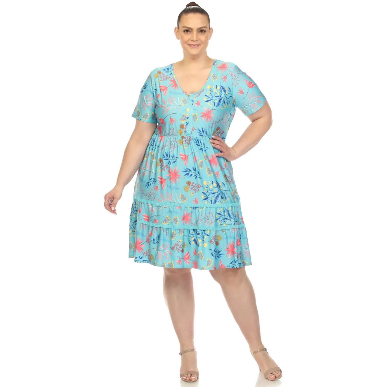 Floral Short Sleeve Knee Length Dress - Plus