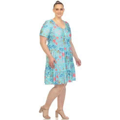 Floral Short Sleeve Knee Length Dress - Plus