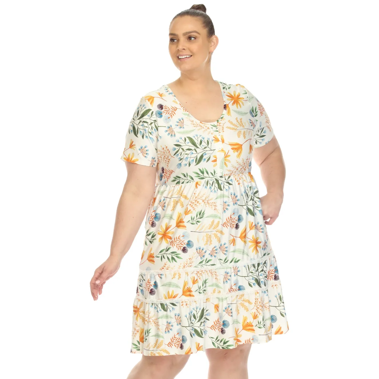 Floral Short Sleeve Knee Length Dress - Plus