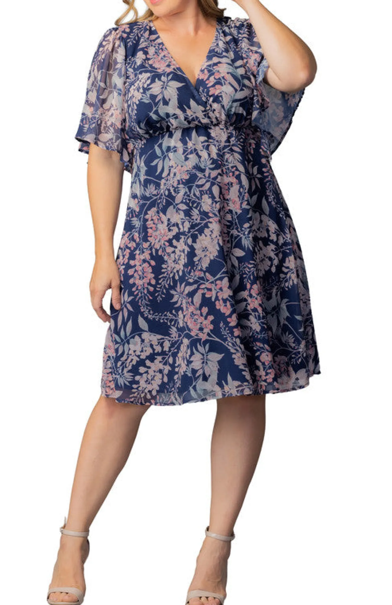 Florence Flutter Sleeve Dress in Navy Wisteria Blooms - Plus