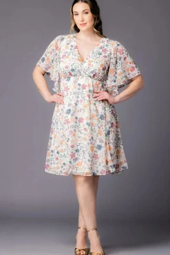Florence Flutter Sleeve Dress- Pale Blossoms -Plus