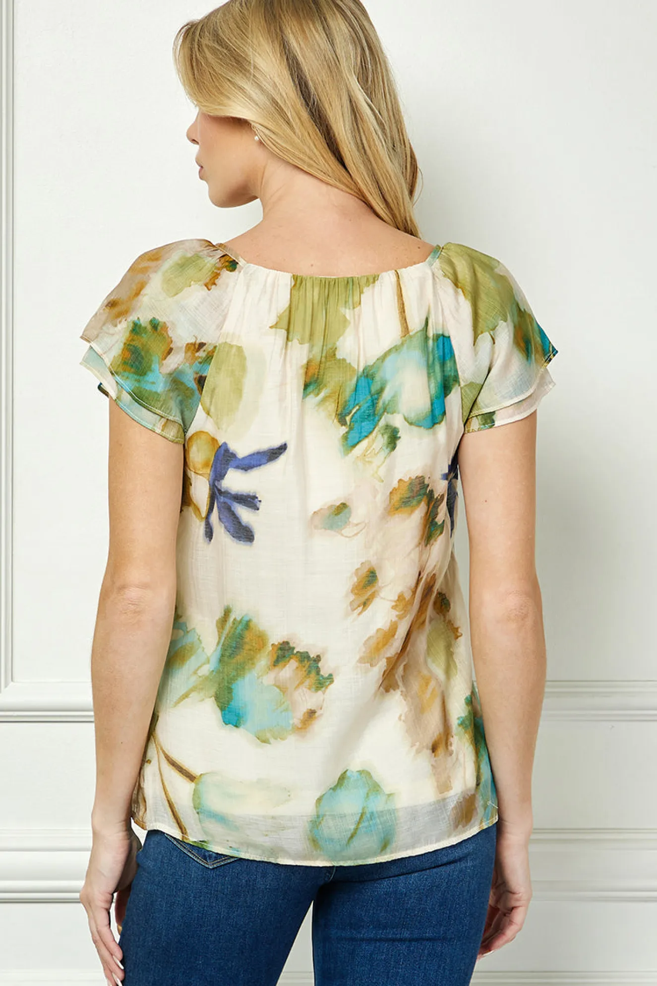 Flutter Sleeve Beaded Tie Blouse in Beige/Teal/Olive