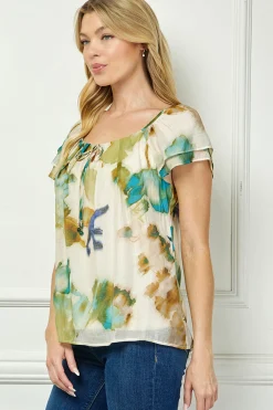 Flutter Sleeve Beaded Tie Blouse in Beige/Teal/Olive