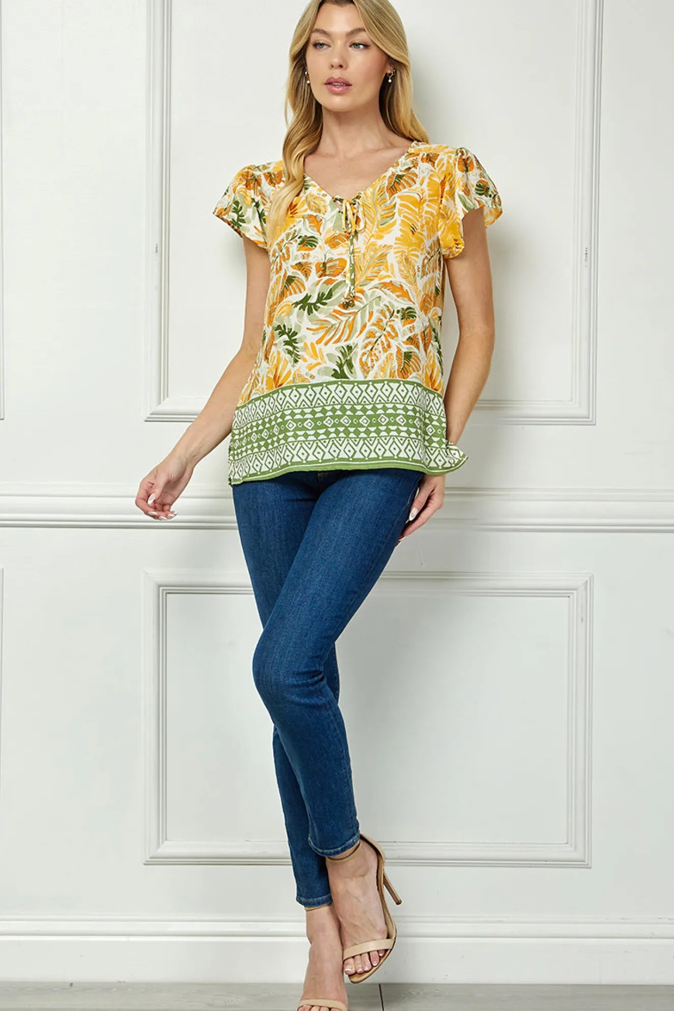 Flutter Sleeve Beaded Tie-Neck Print Blouse in Cream/Rust/Sage