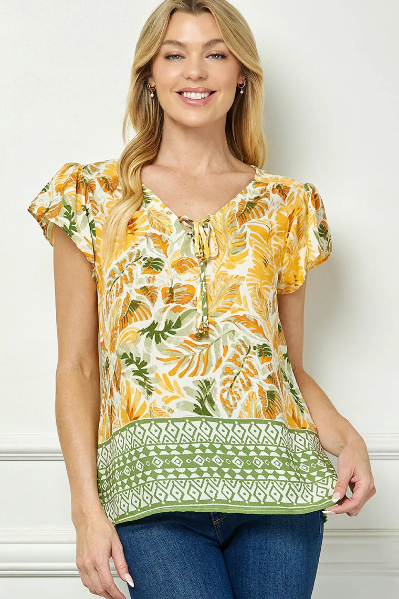 Flutter Sleeve Beaded Tie-Neck Print Blouse in Cream/Rust/Sage