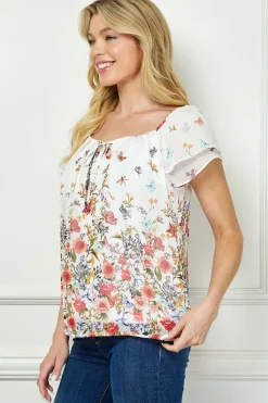 Flutter Sleeve Beaded Tie Pleated Blouse in Ivory