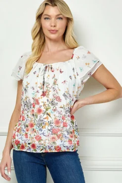 Flutter Sleeve Beaded Tie Pleated Blouse in Ivory