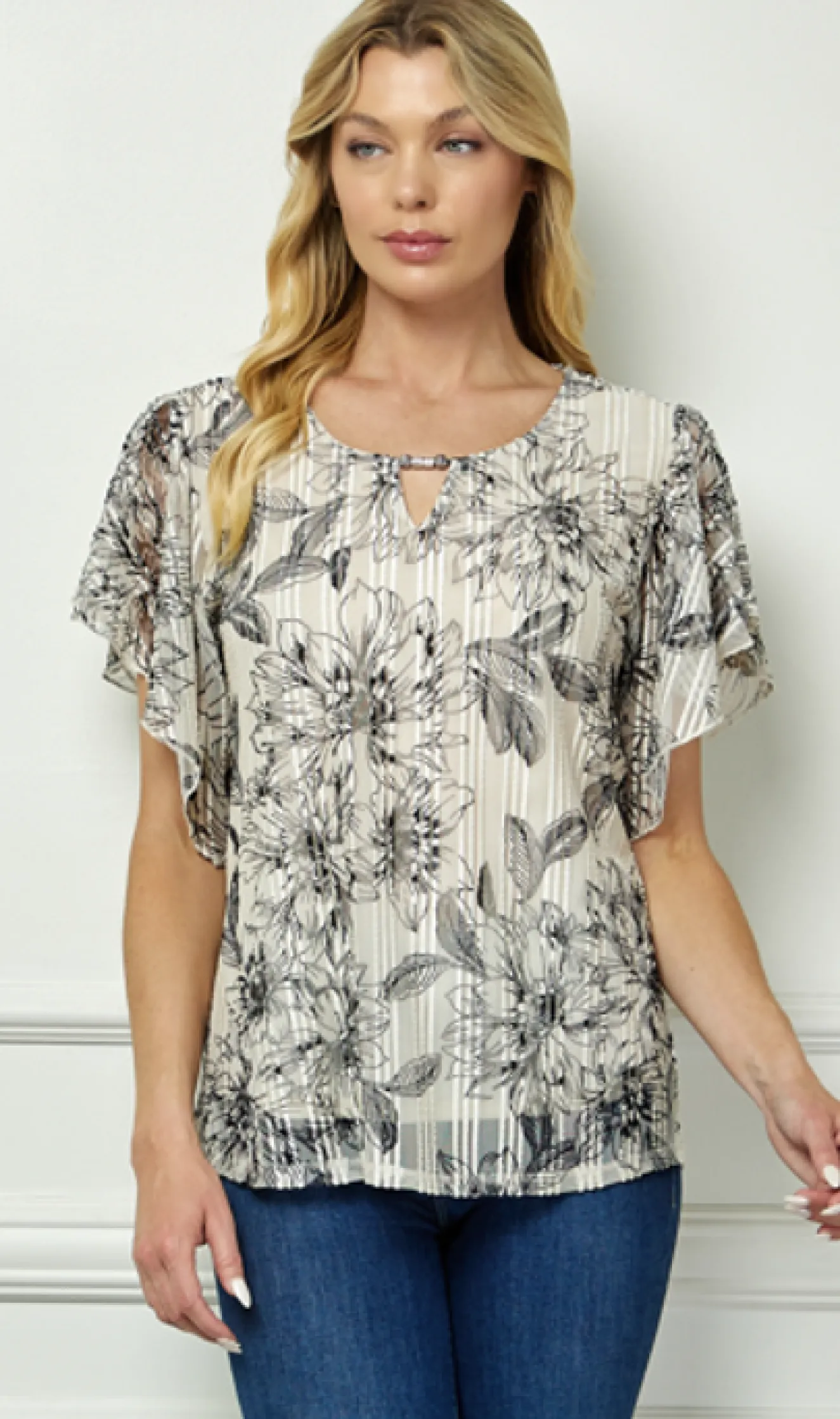 Flutter Sleeve Cutout Neck Blouse in Taupe/Black