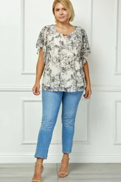 Flutter Sleeve Cutout Neck Blouse in Taupe/Black - Plus