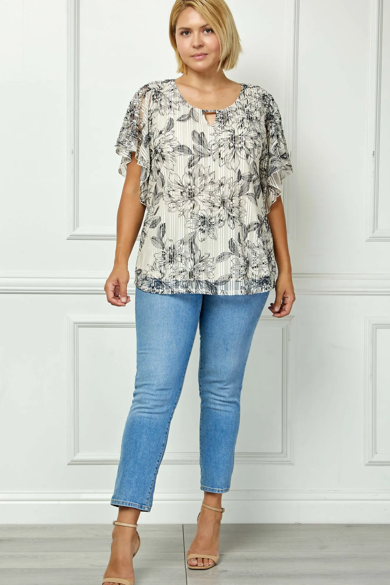 Flutter Sleeve Cutout Neck Blouse in Taupe/Black - Plus