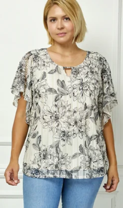 Flutter Sleeve Cutout Neck Blouse in Taupe/Black - Plus
