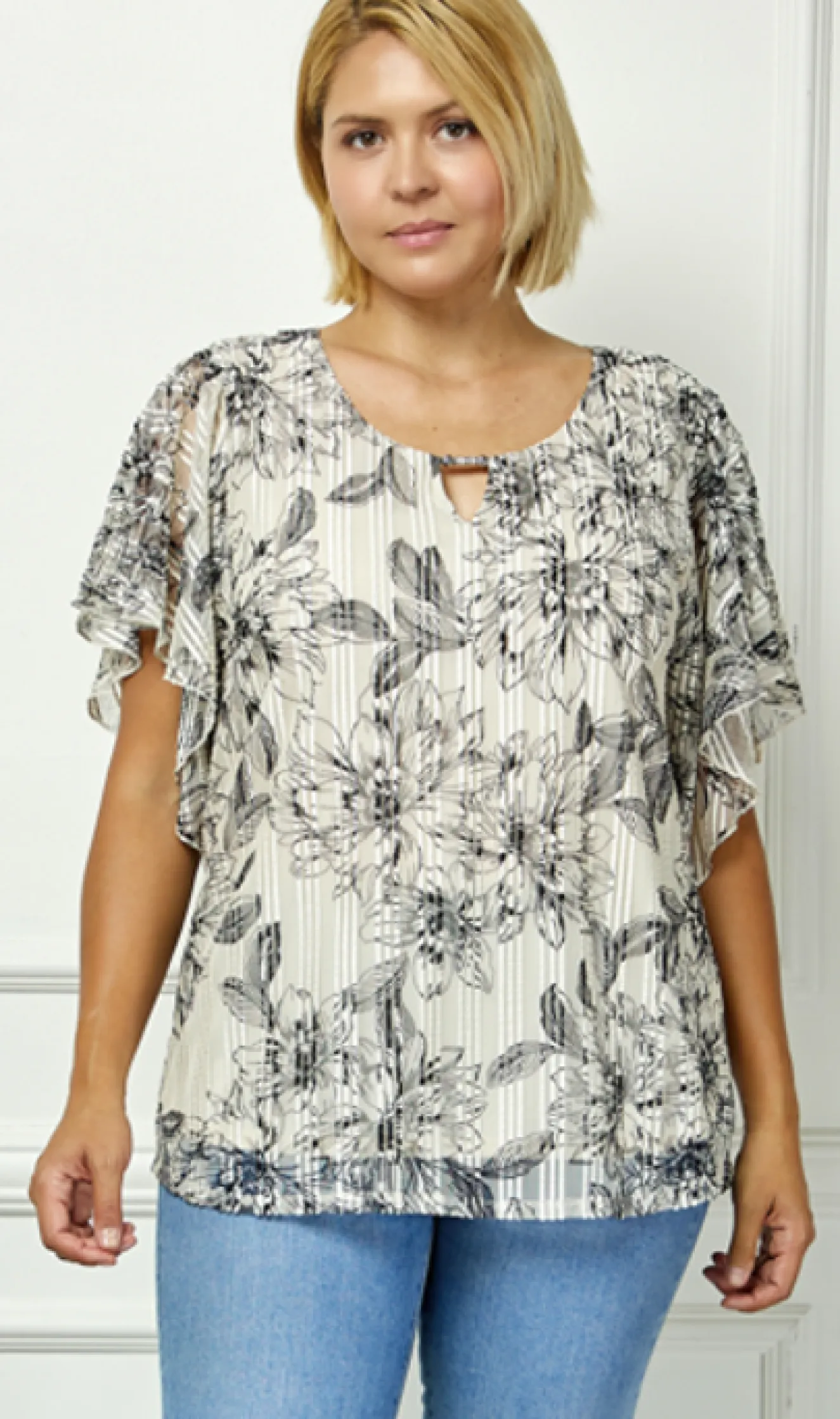 Flutter Sleeve Cutout Neck Blouse in Taupe/Black - Plus