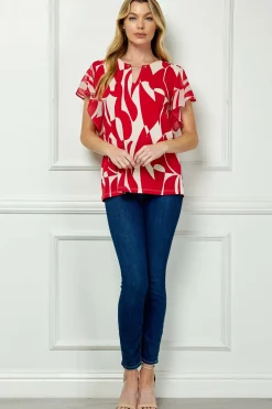 Flutter Sleeve Cutout Neck Blouse with Removable Trim in Red