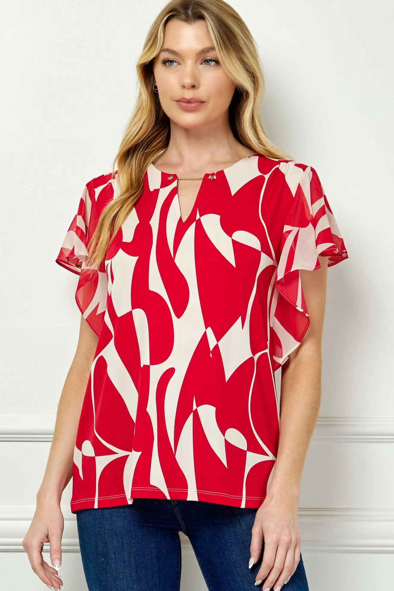 Flutter Sleeve Cutout Neck Blouse with Removable Trim in Red