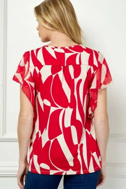 Flutter Sleeve Cutout Neck Blouse with Removable Trim in Red