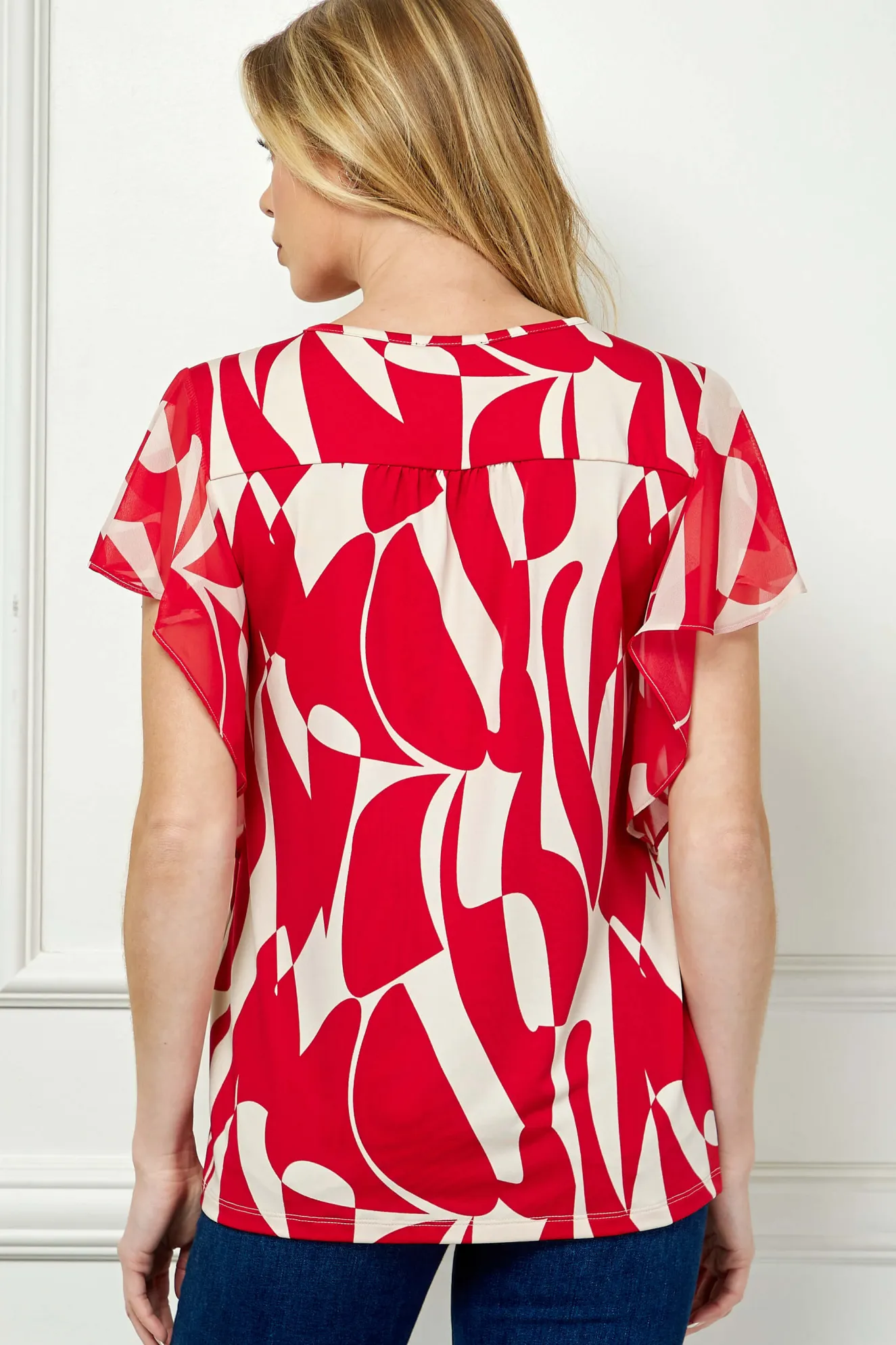 Flutter Sleeve Cutout Neck Blouse with Removable Trim in Red