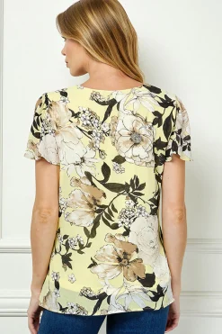 Flutter Sleeve Cutout Neck Pleat Blouse - Yellow