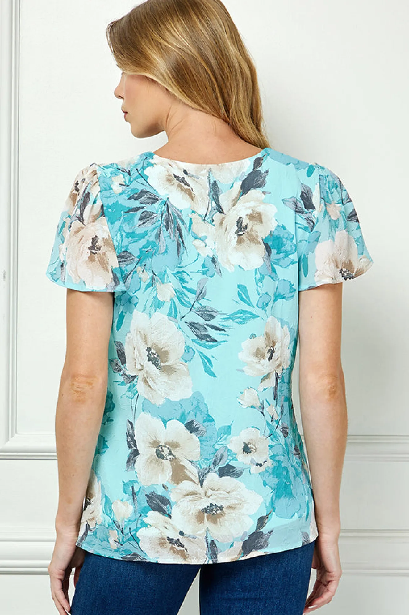 Flutter Sleeve Cutout Neck Pleat Blouse - Sage
