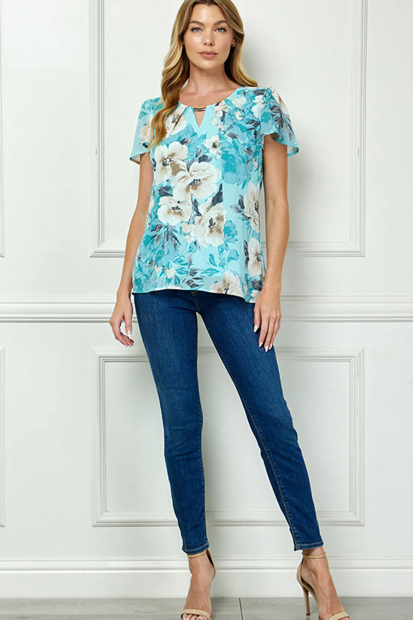 Flutter Sleeve Cutout Neck Pleat Blouse - Sage