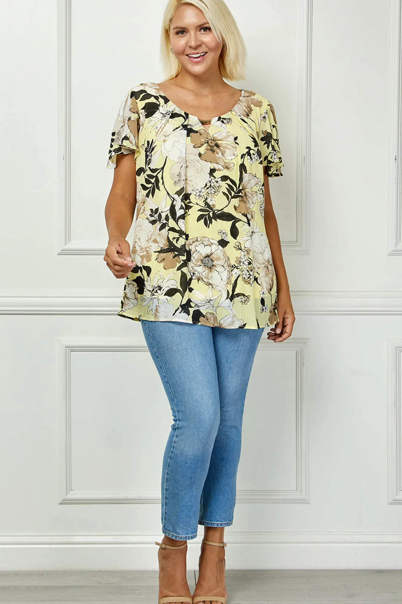 Flutter Sleeve Cutout Neck Pleat Blouse - Plus - Yellow