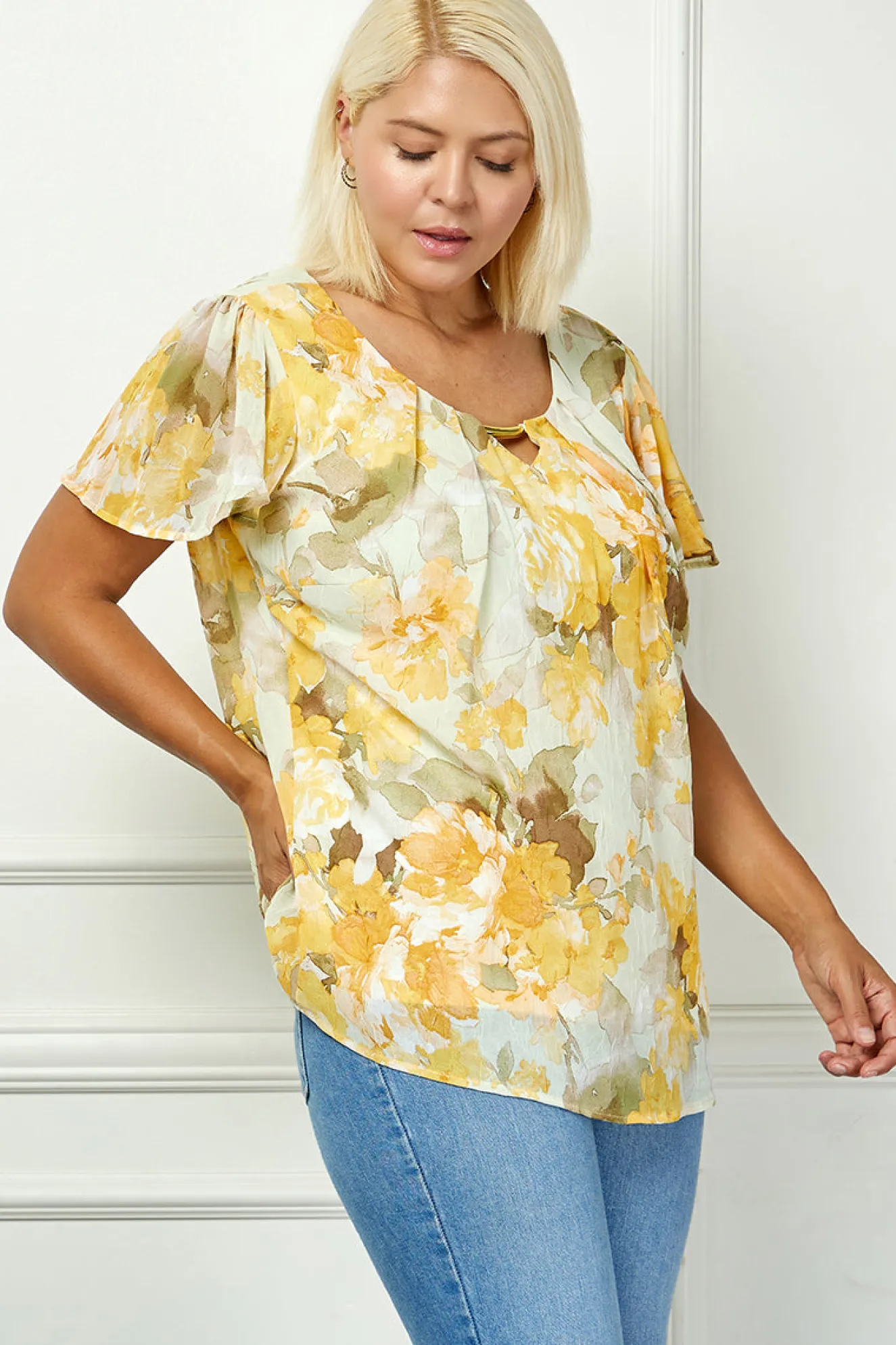 Flutter Sleeve Cutout Neck Pleat Blouse - Plus - Sage/Gold