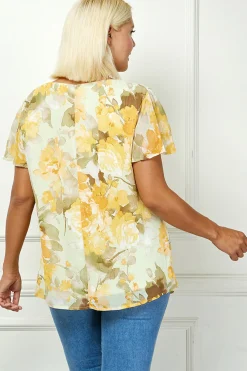 Flutter Sleeve Cutout Neck Pleat Blouse - Plus - Sage/Gold