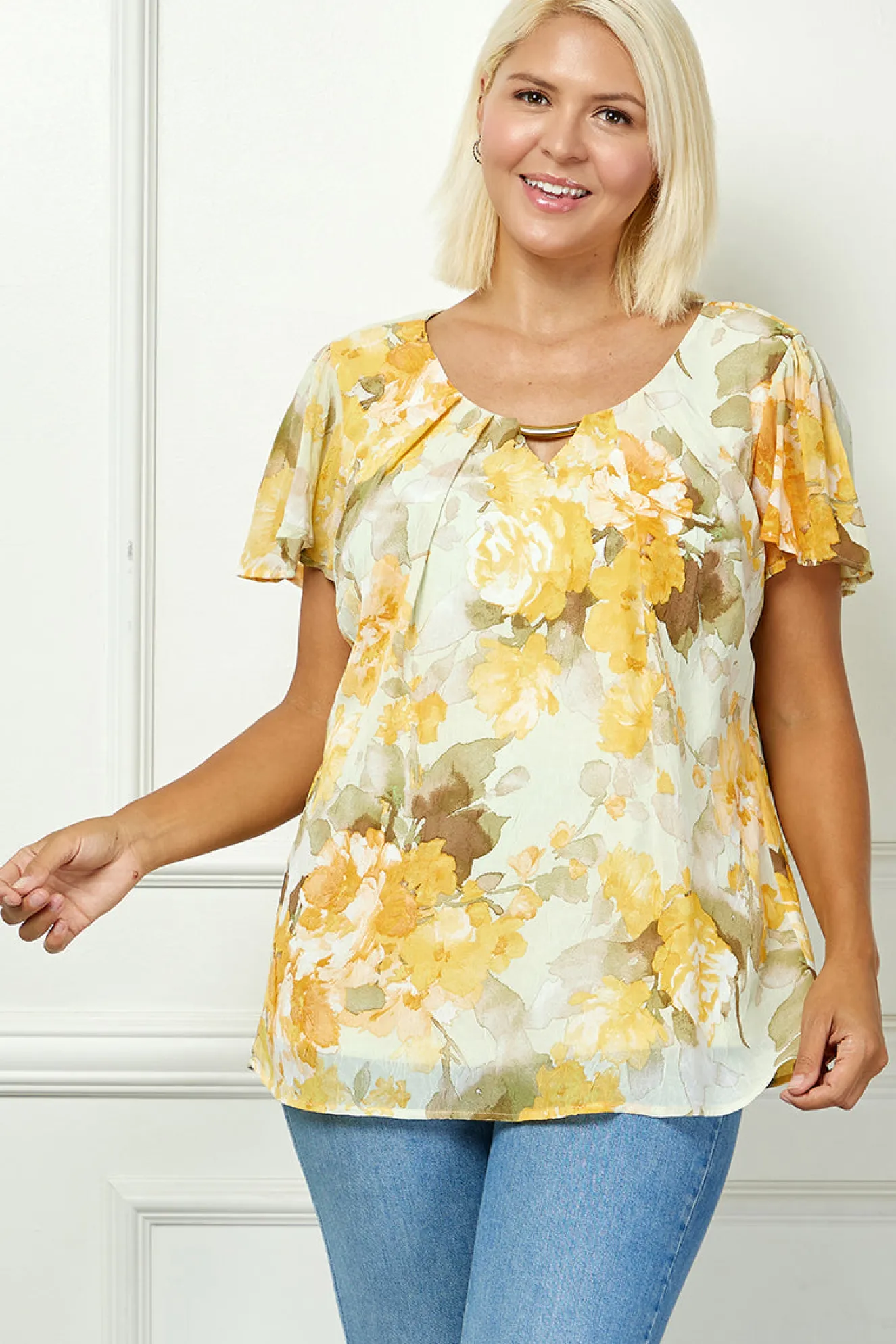 Flutter Sleeve Cutout Neck Pleat Blouse - Plus - Sage/Gold