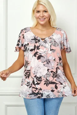 Flutter Sleeve Cutout Neck Pleat Blouse - Plus - Pink