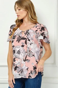 Flutter Sleeve Cutout Neck Pleat Blouse - Pink