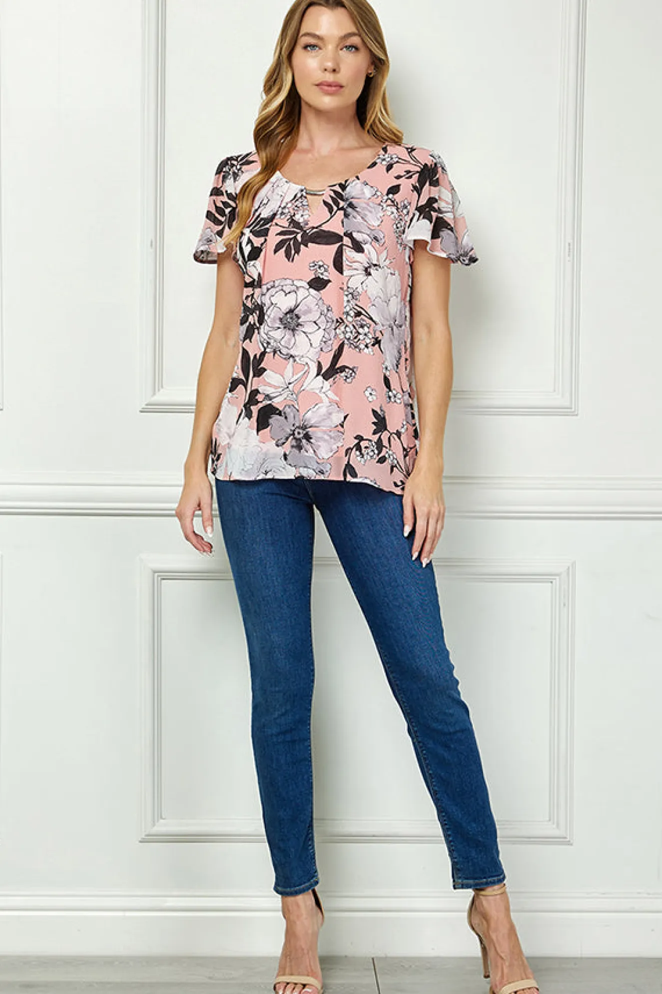 Flutter Sleeve Cutout Neck Pleat Blouse - Pink