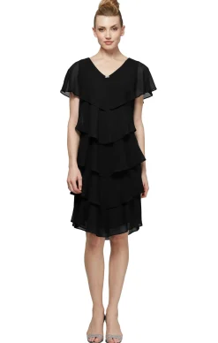 Georgette Tiered Cocktail Dress - Black - Petite